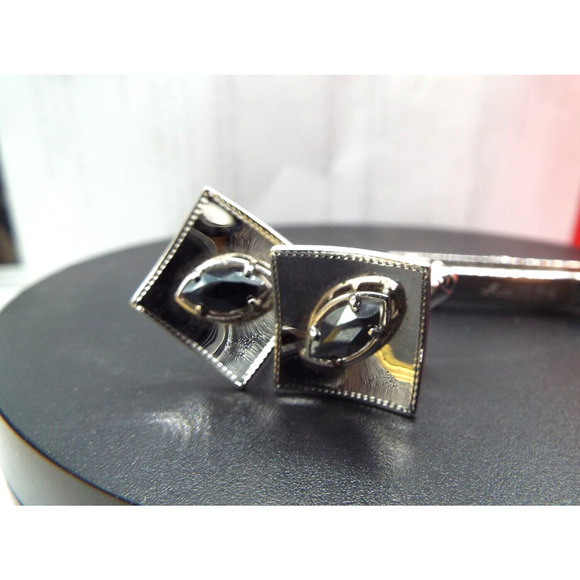 Vintage 3pc Set Anson Sterling Silver Black Onyx Cufflinks & Tie Clip - Picture 9 of 9